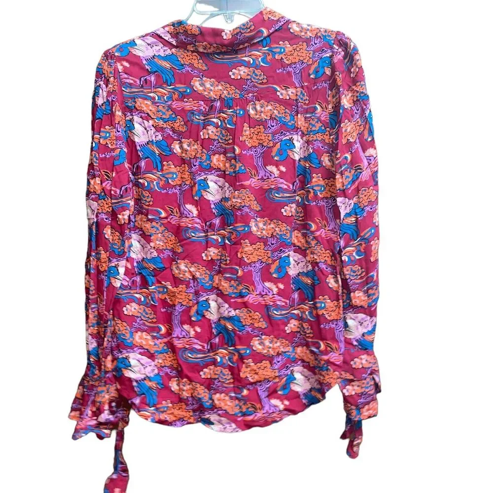Anthropologie Maeve 8 Darla Floral Crane Bird Blouse Button Front Top - Picture 3 of 7
